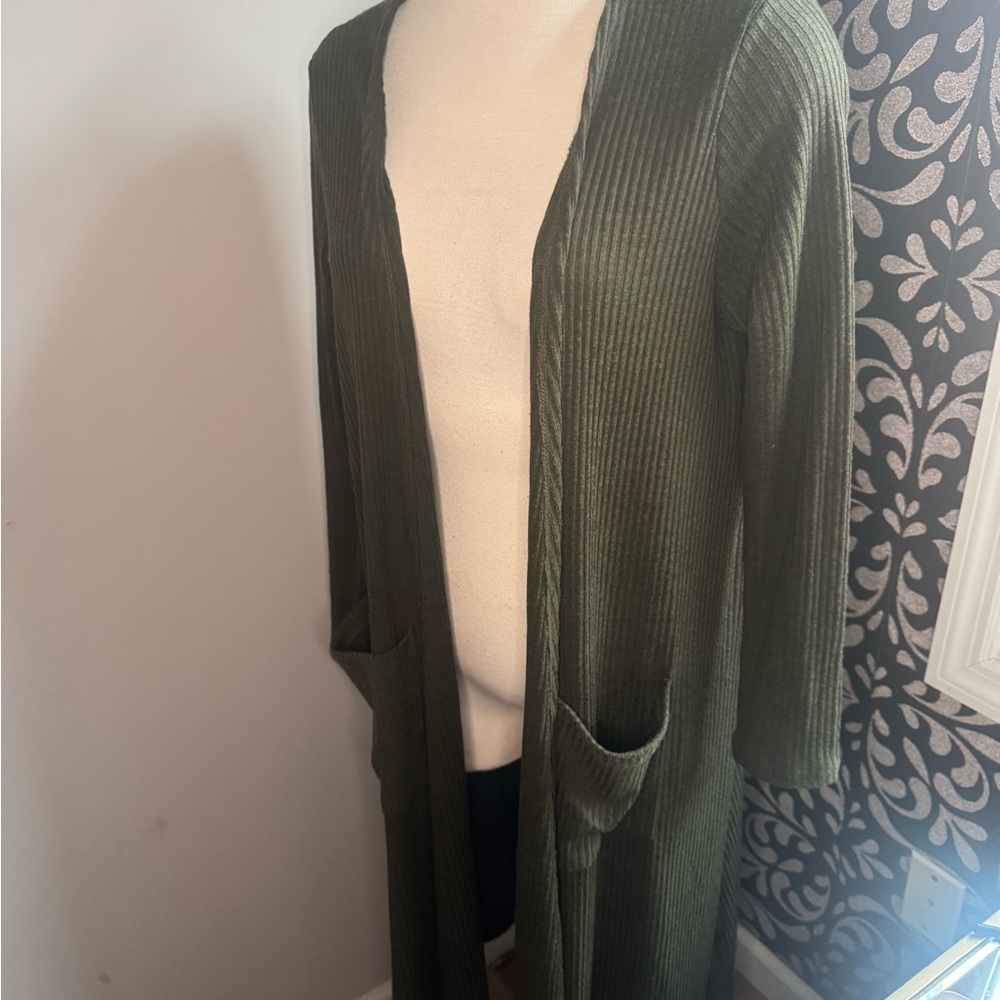 Olive Green Open Front Cardigan Duster Sweater
